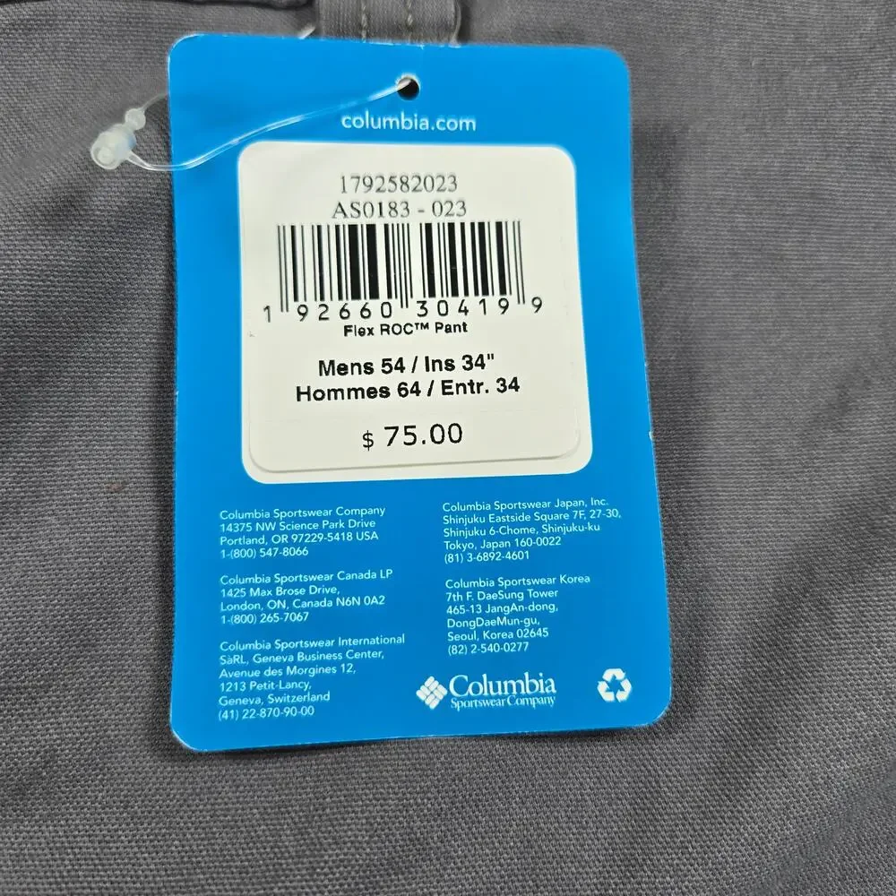 NWT‎ Columbia Flex ROC Stretch Outdoor Pants in City Grey Men's Size 54
